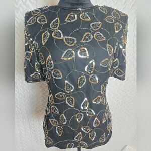 Chic Black Sequin Leaf Pattern Top